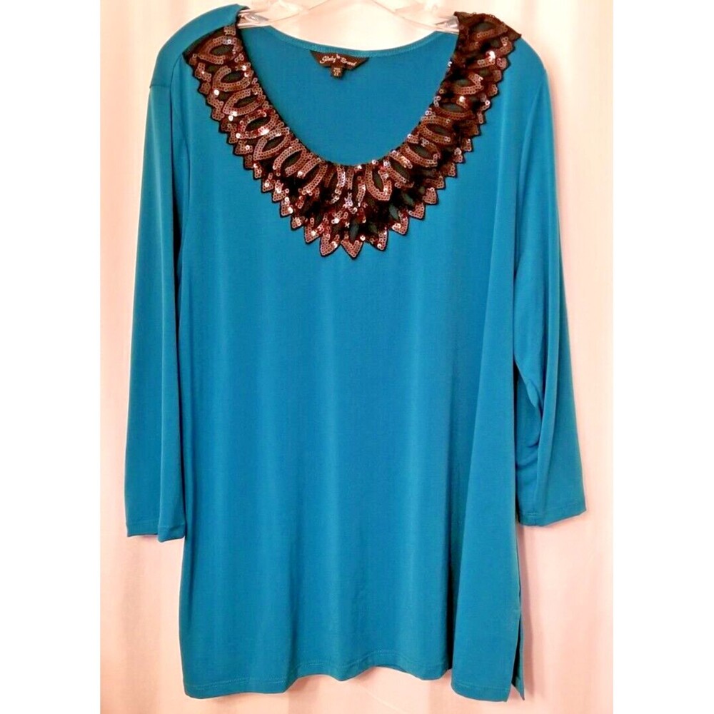Slinky Brand Women's Top Dramatic Sequin Design Neckline Boutique CHIC Size 2X